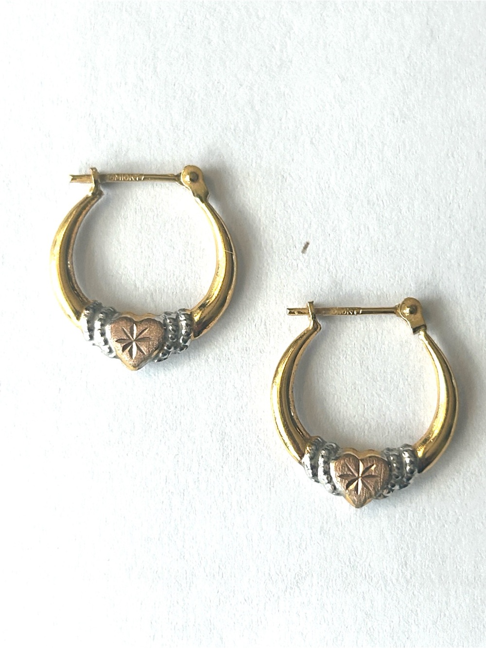 Tri Color 10K Hoop Huggie Earrings with Rose Gold Heart Accent